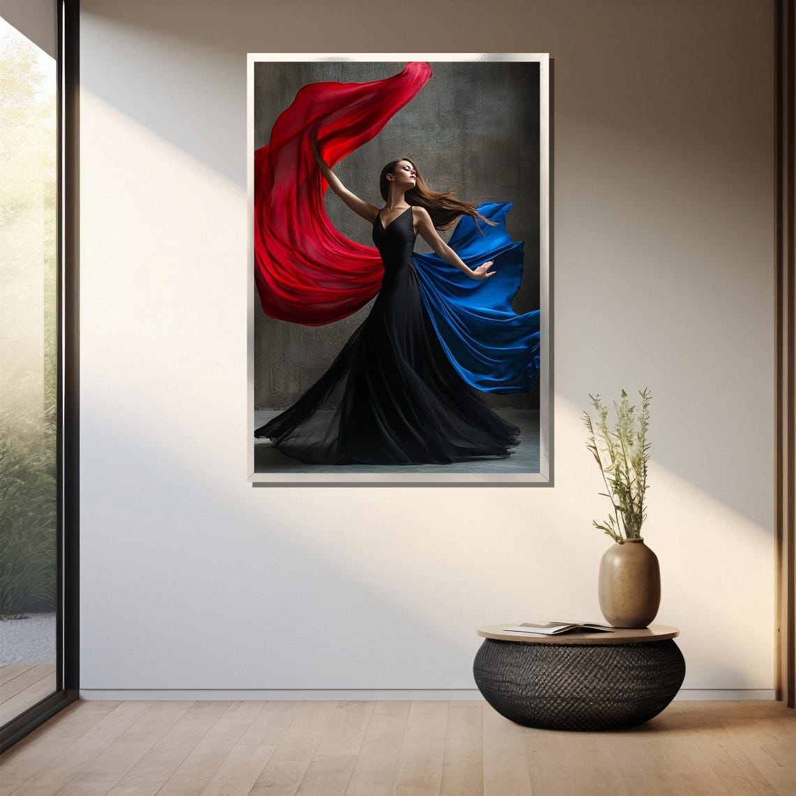 Dancer In Black Gown With Red And Blue Flowing Silk Sashes Poster - Image 3