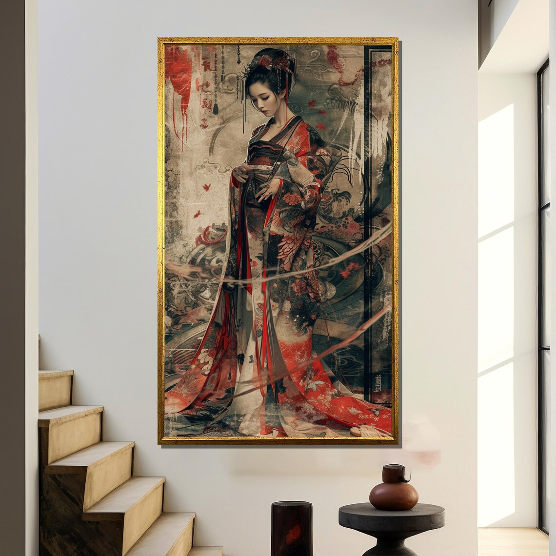Traditional Japanese Woman in Ornate Red Kimono Vintage Art Poster