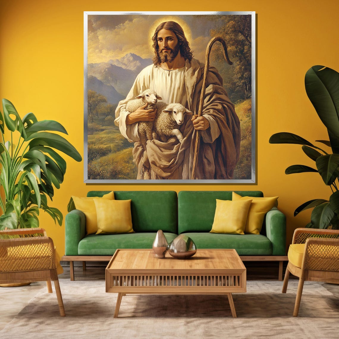 Jesus the Good Shepherd Holding Lambs Devotional Wall Poster - Image 3