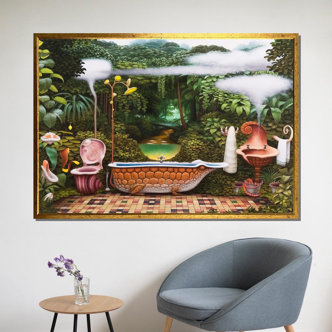 Surreal Jungle Bathroom Painting Whimsical Nature Themed Artwork For Unique Home Dcor And Creative Gift Ideas