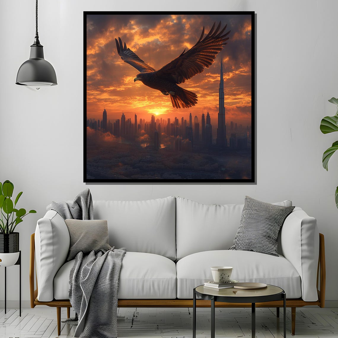Eagle Soaring Over Dubai Skyline at Fiery Sunset Clouds Poster - Image 4
