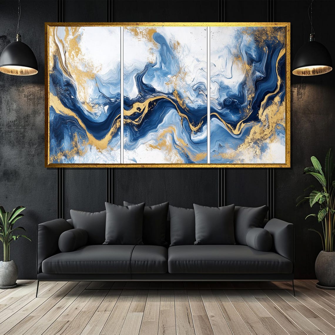 Elegant Blue And Gold Triptych Marble Swirl Abstract Art Poster
