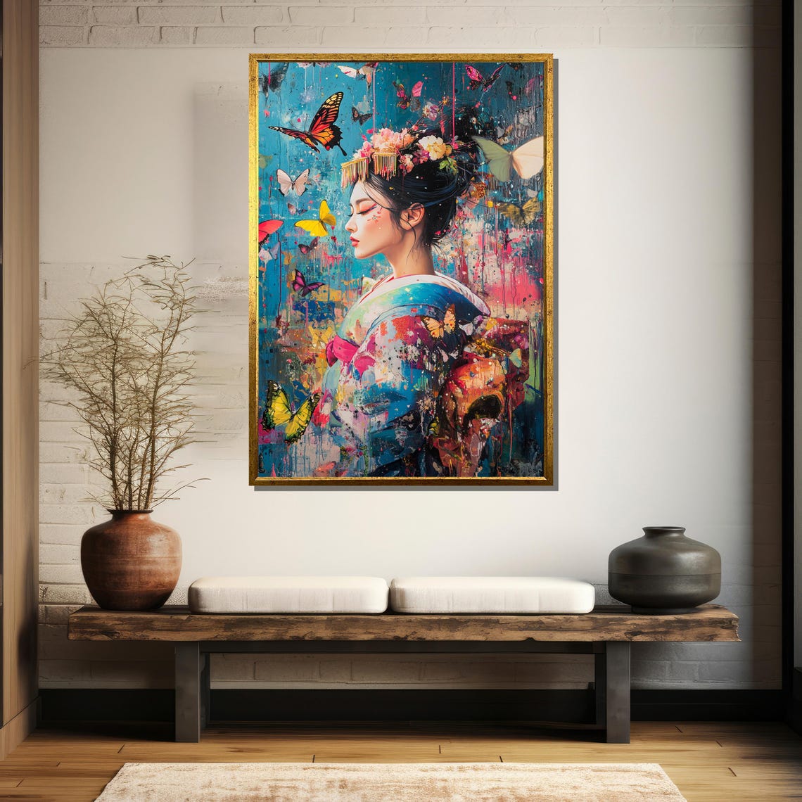 Colorful Geisha Butterfly Painting Elegant Japanese Inspired Art Gift For Wall Decor Unique Home Accent - Image 5