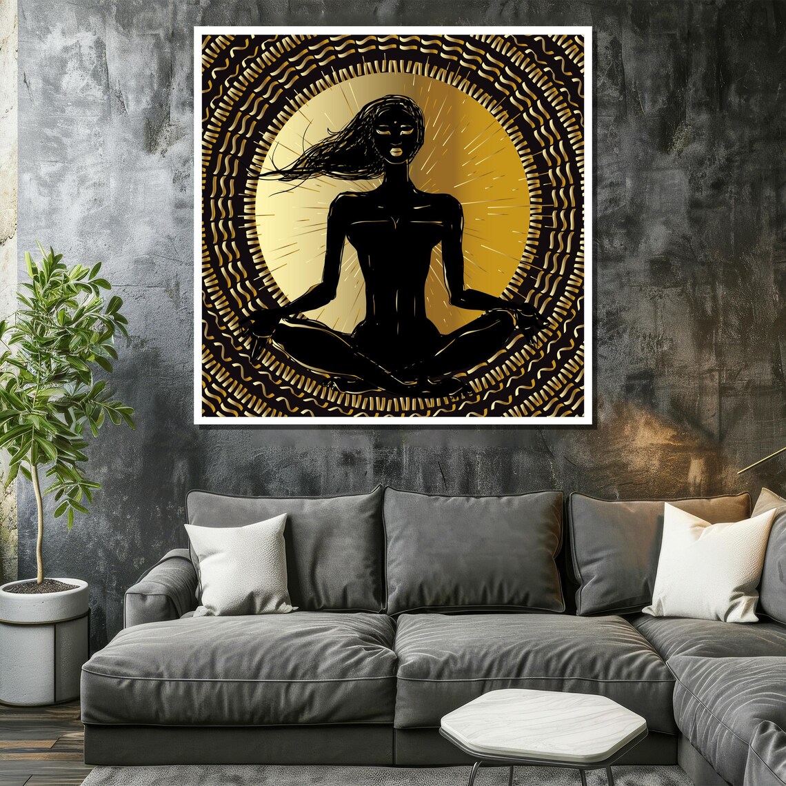 Golden Aura Meditating Woman with Radiant Sun Halo Art Poster - Image 2