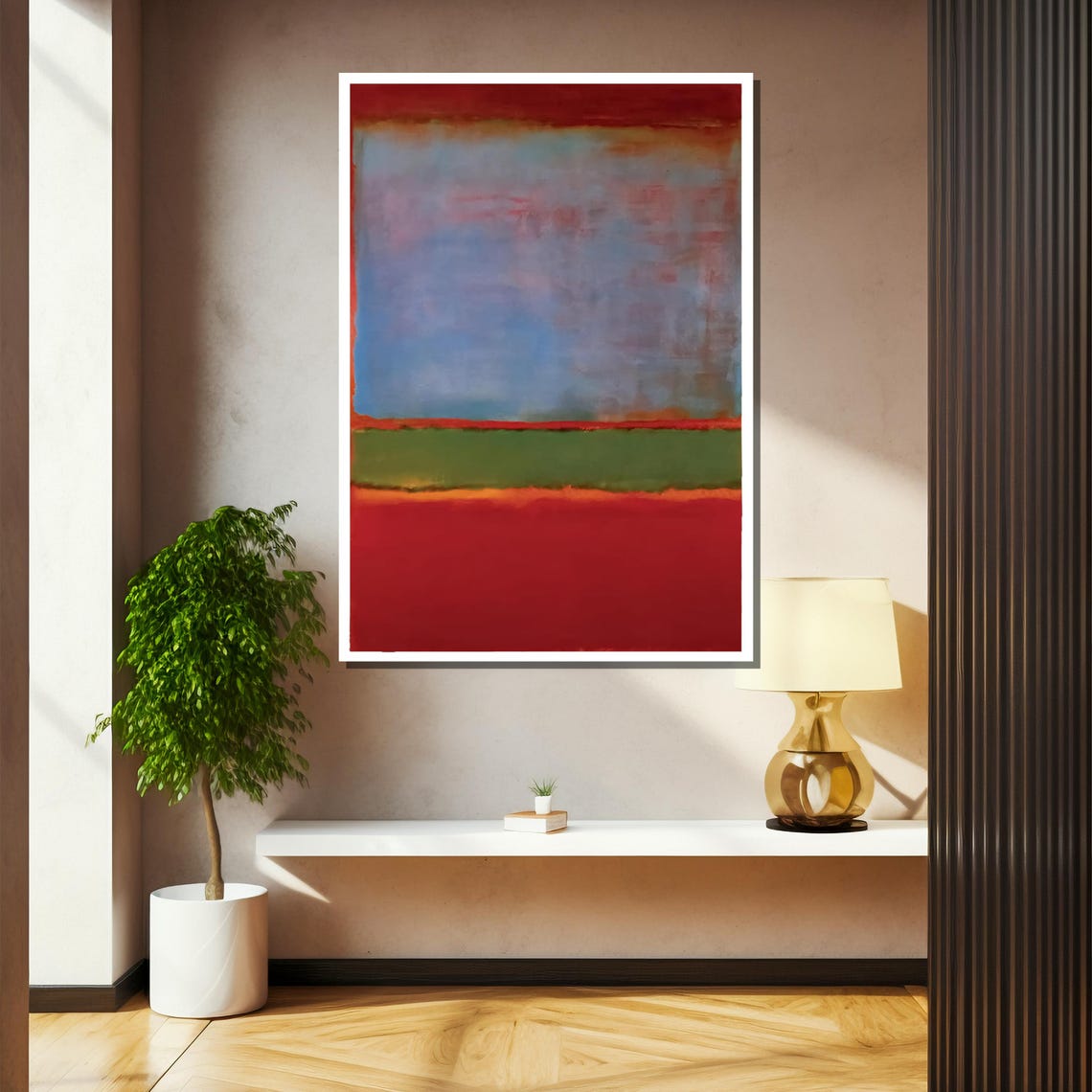 Misty Blue Gray Red And Green Horizon Bands Abstract Art Poster - Image 2