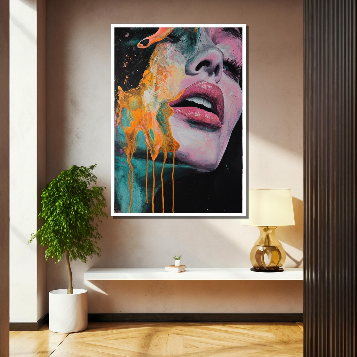 Surreal Melting Woman Face With Pink Lips Dripping Paint Poster - Image 2