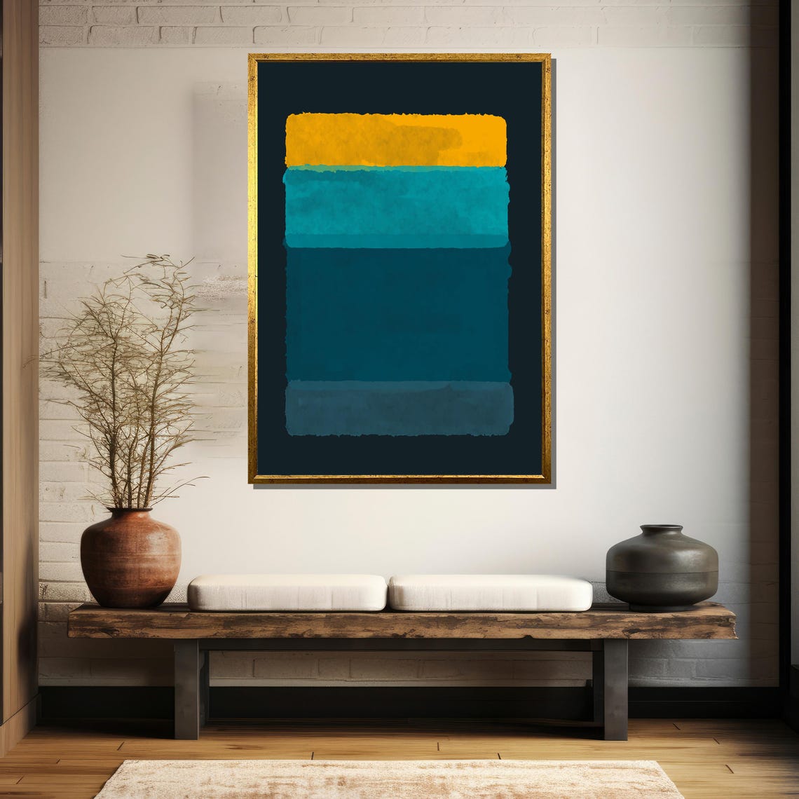 Bold Gold Teal Navy Stripes On Black Modern Abstract Art Poster - Image 5