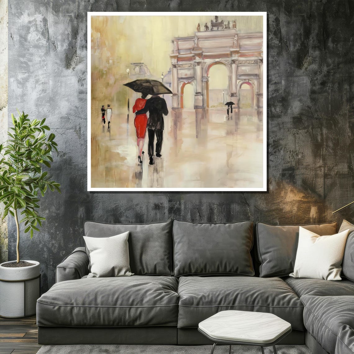 Paris Rainy Stroll Couple Under Umbrella Arc de Triomphe Poster - Image 2