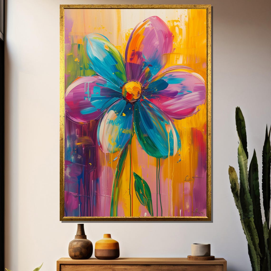 Abstract Rainbow Flower With Paint Drips On Sunny Yellow Poster