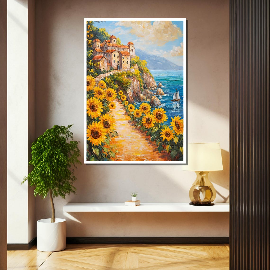 Sunflower Lined Path To Seaside Cliff Village Landscape Poster - Image 2