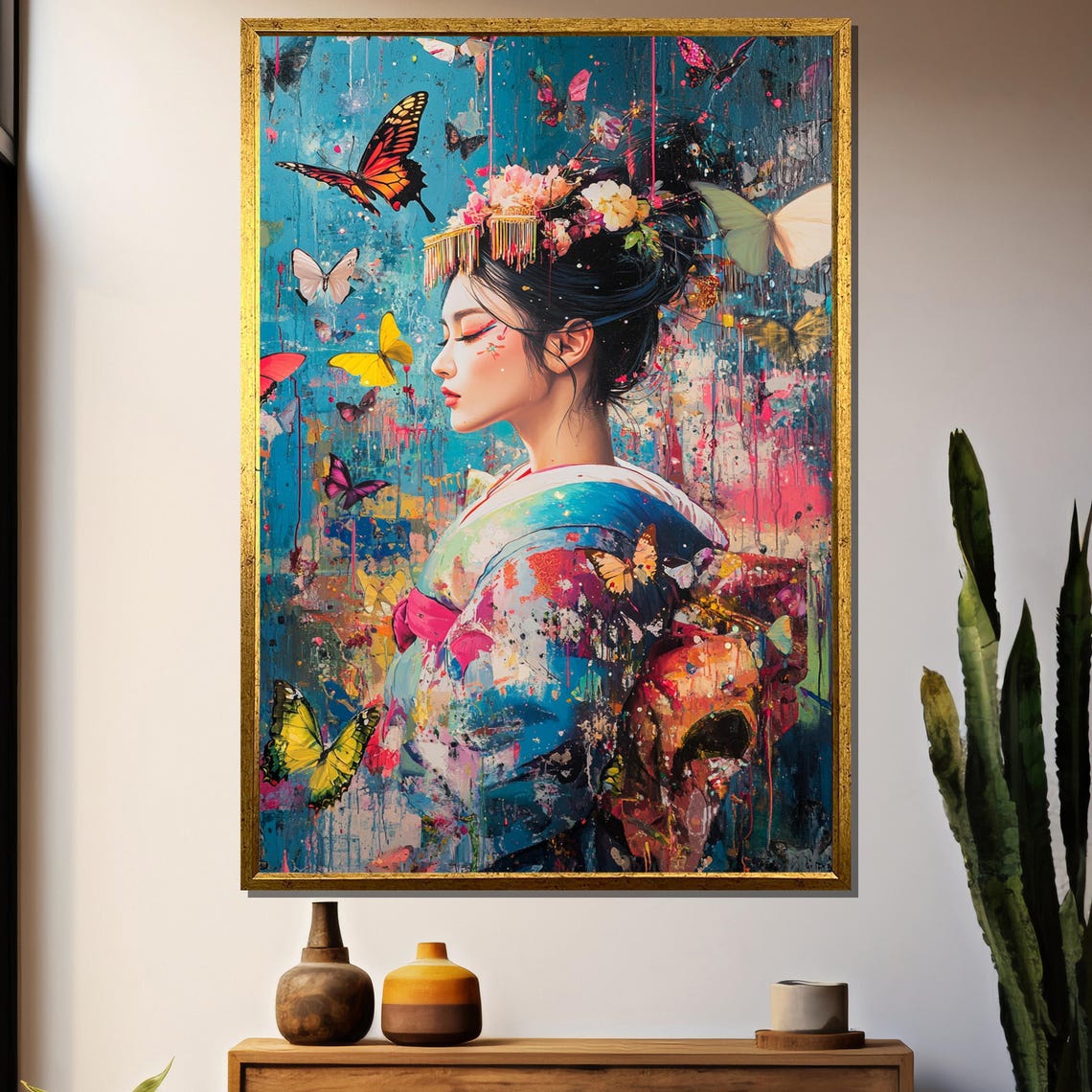 Colorful Geisha Butterfly Painting Elegant Japanese Inspired Art Gift For Wall Decor Unique Home Accent