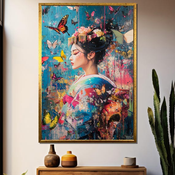 Colorful Geisha Butterfly Painting Elegant Japanese Inspired Art Gift For Wall Decor Unique Home Accent