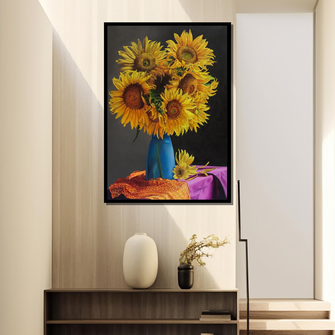 Sunflower Bouquet In Blue Vase Classic Dark Still Life Poster - Image 4