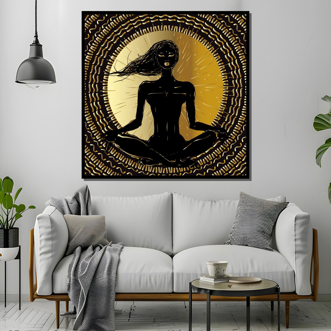 Golden Aura Meditating Woman with Radiant Sun Halo Art Poster - Image 4