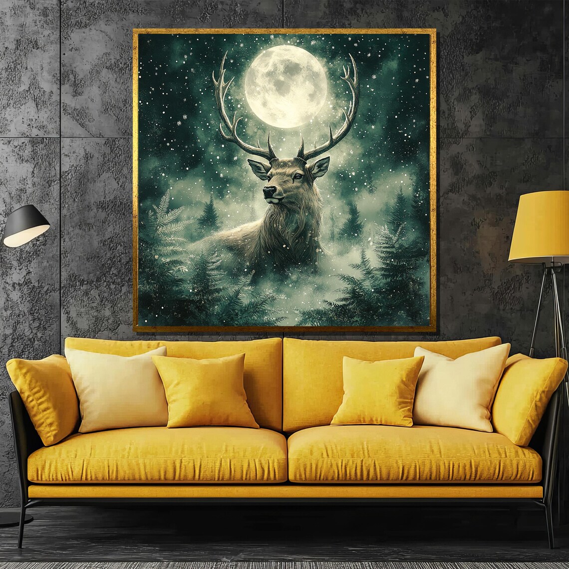 Majestic Stag with Grand Antlers Under Full Moon in Snowy Forest Poster