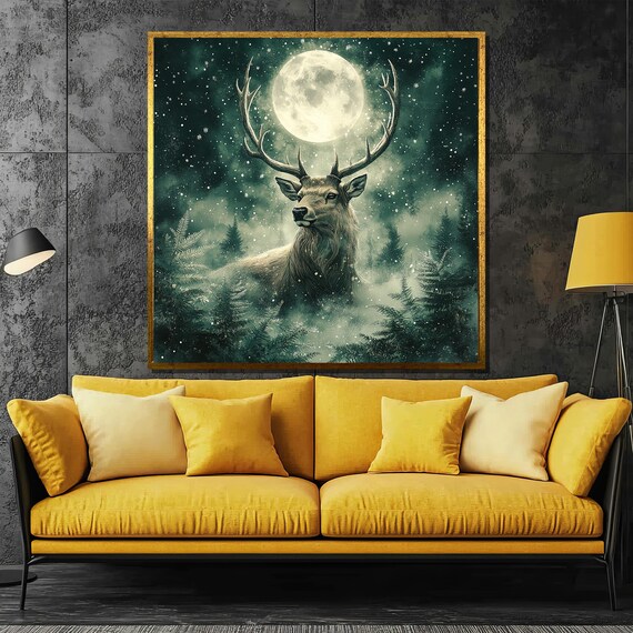 Majestic Stag with Grand Antlers Under Full Moon in Snowy Forest Poster