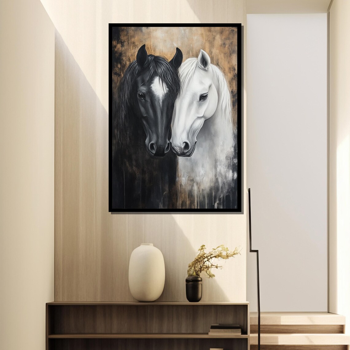 Black And White Horses Nuzzling Tender Dual Horse Portrait Art Poster - Image 4