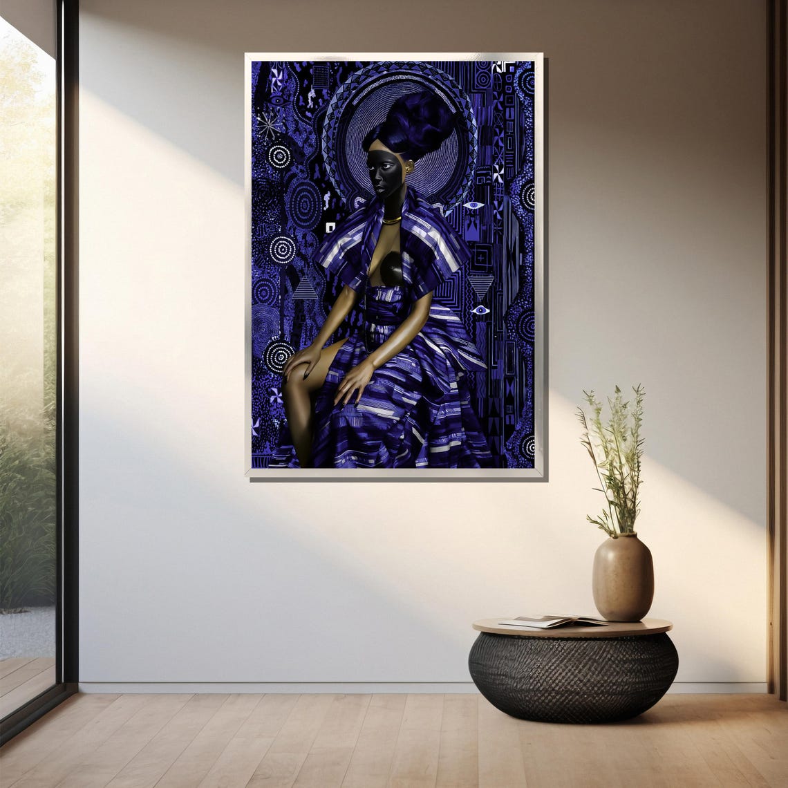 African Queen In Blue Robes With Tribal Pattern Backdrop Poster - Image 3