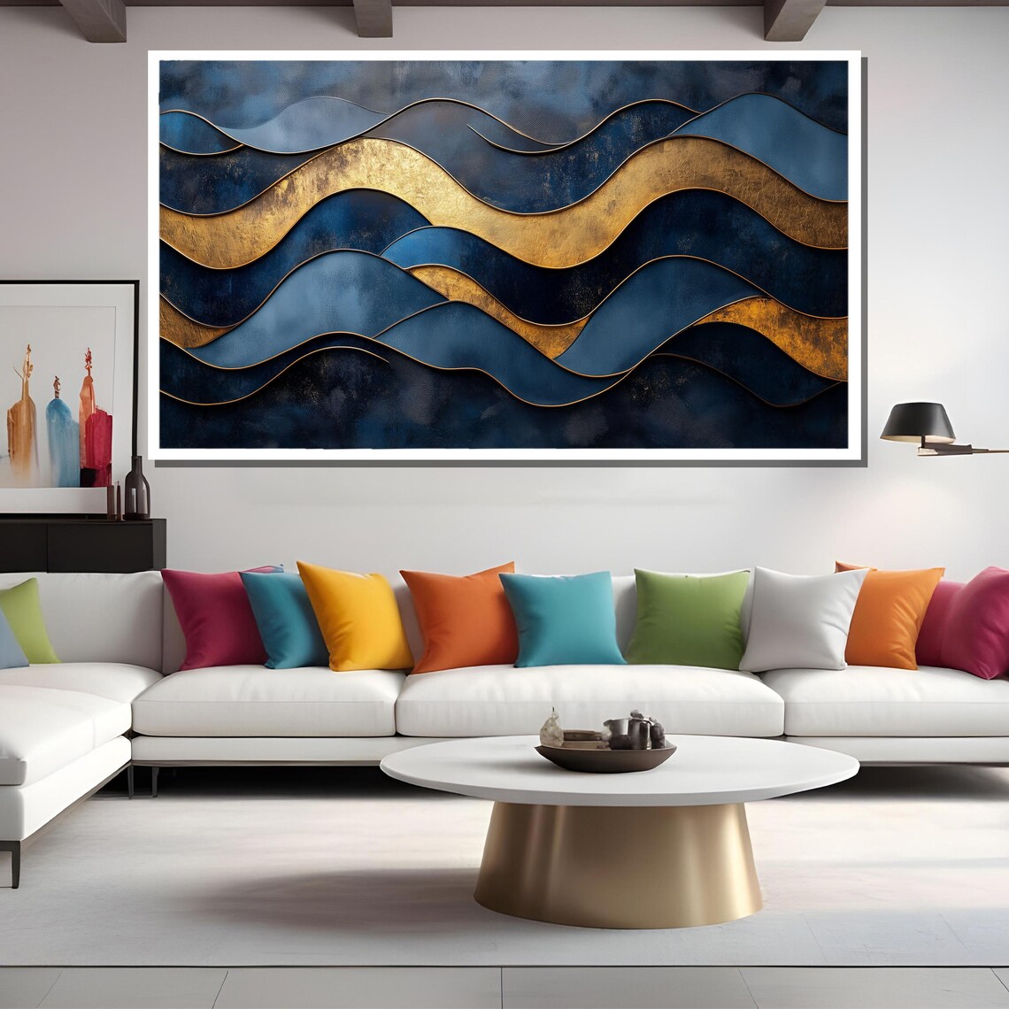 Luxury Blue And Gold Abstract Wave Sophisticated Wall Art For Modern And Elegant Interiors - Image 2
