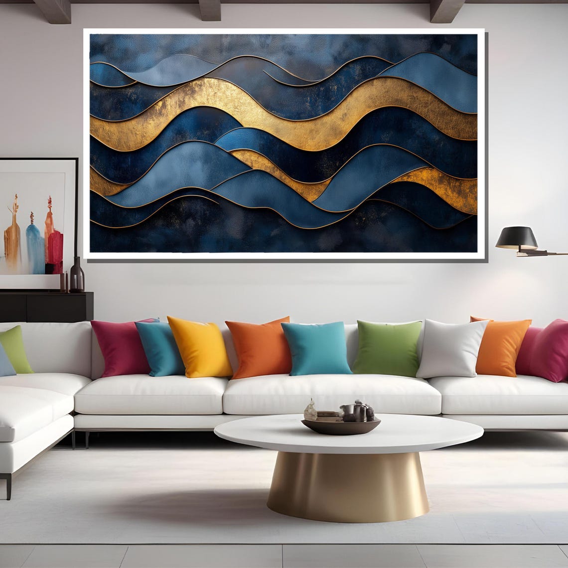Navy Blue And Gold Abstract Wave Elegant Modern Luxury Art Poster - Image 2