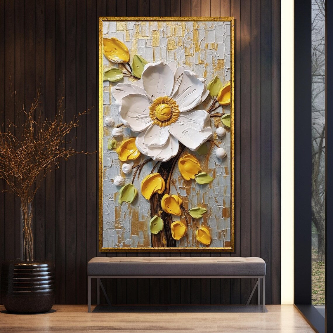 Elegant White Anemone Textured 3D Floral Painting Golden Wall Art - Image 5