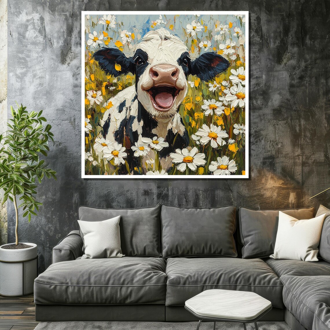 Laughing Cow Calf In A Daisy Meadow Whimsical Farm Art Poster - Image 2