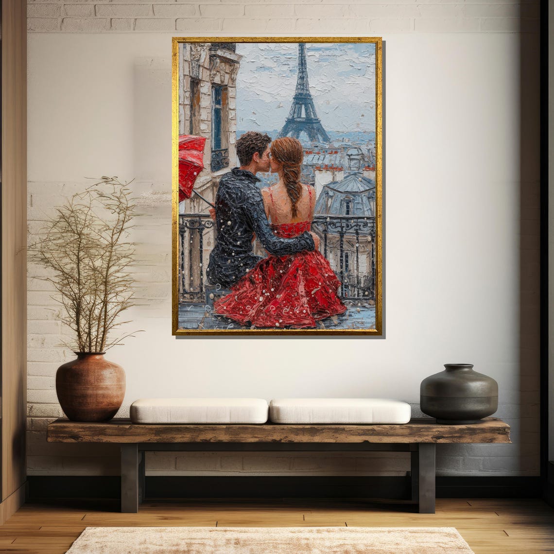 Romantic Paris Kiss Eiffel Tower Balcony Impasto Love Wall Art - Image 5