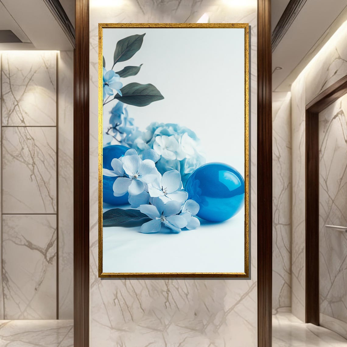 Blue Hydrangea Blossoms with Glass Spheres Minimal Floral Poster