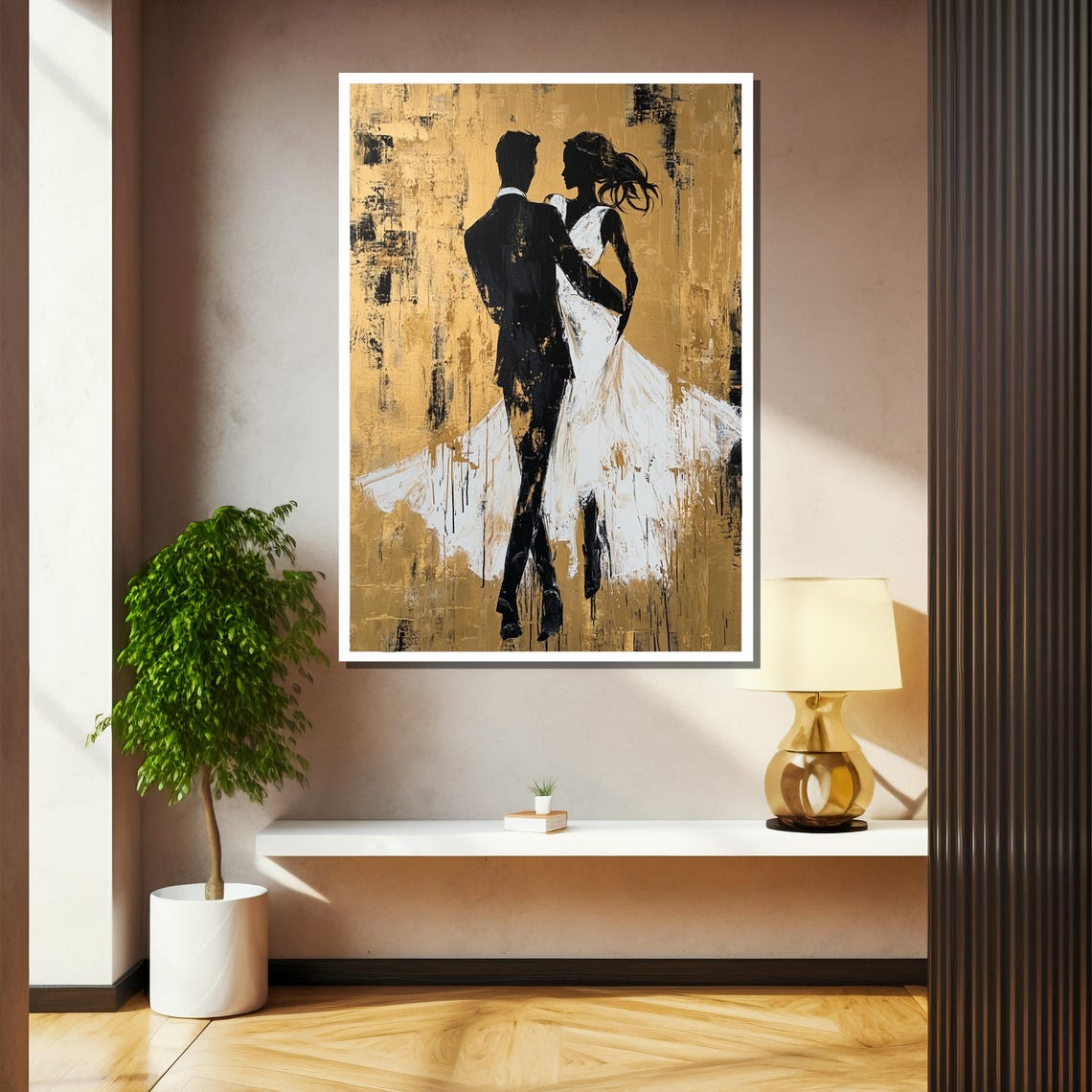 Abstract Elegance In Gold Painting Graceful Couple Dancing In White Dress Modern Art Gift For Lovers Sophisticated Wall Decor - Image 2