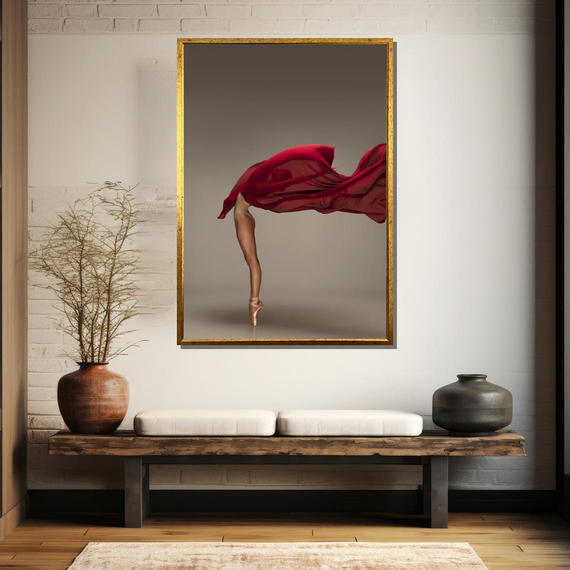 Ballerina En Pointe With Red Sheer Fabric Flowing Overhead Poster - Image 5