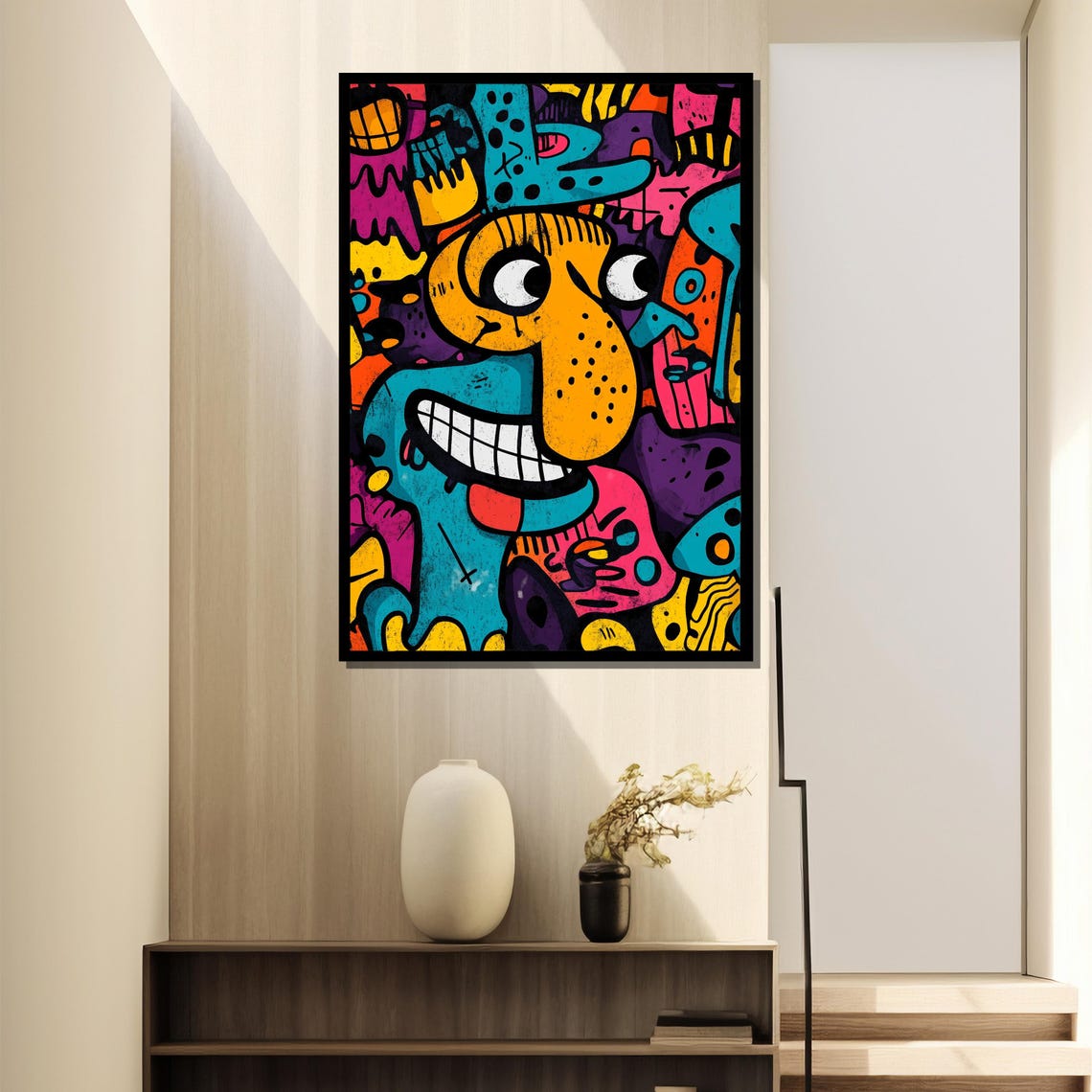 Playful Grinning Graffiti Monster Face in Teal Orange and Pink Poster - Image 4