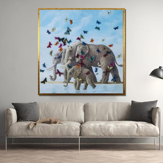 Elephants And Butterflies Painting Whimsical Wildlife Artwork Perfect Nature Inspired Gift For Animal Lovers And Home Decor