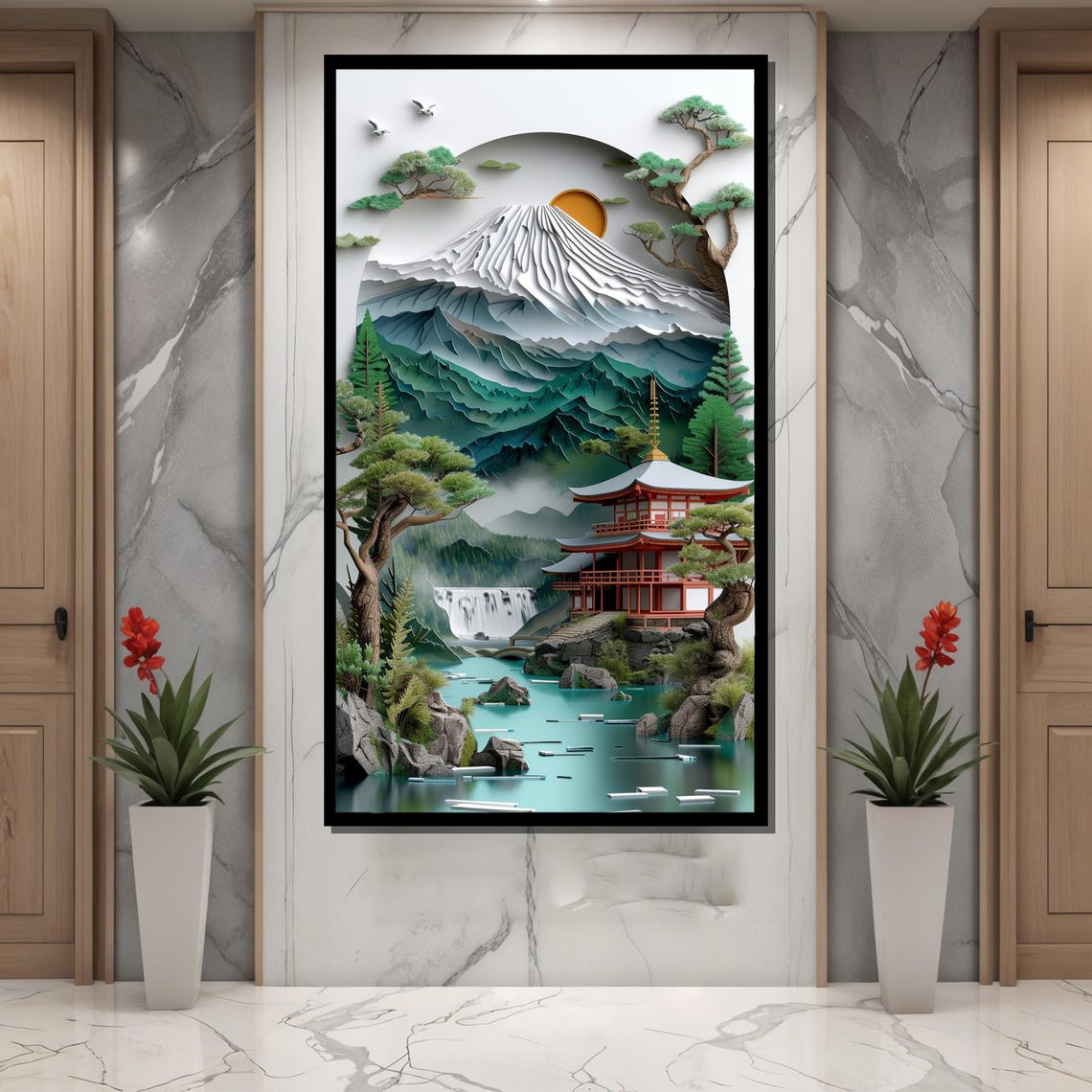 Elegant Japanese Paper Landscape Art Mountain Temple Scene With Waterfall And Trees Traditional Style Painting Gift - Image 4