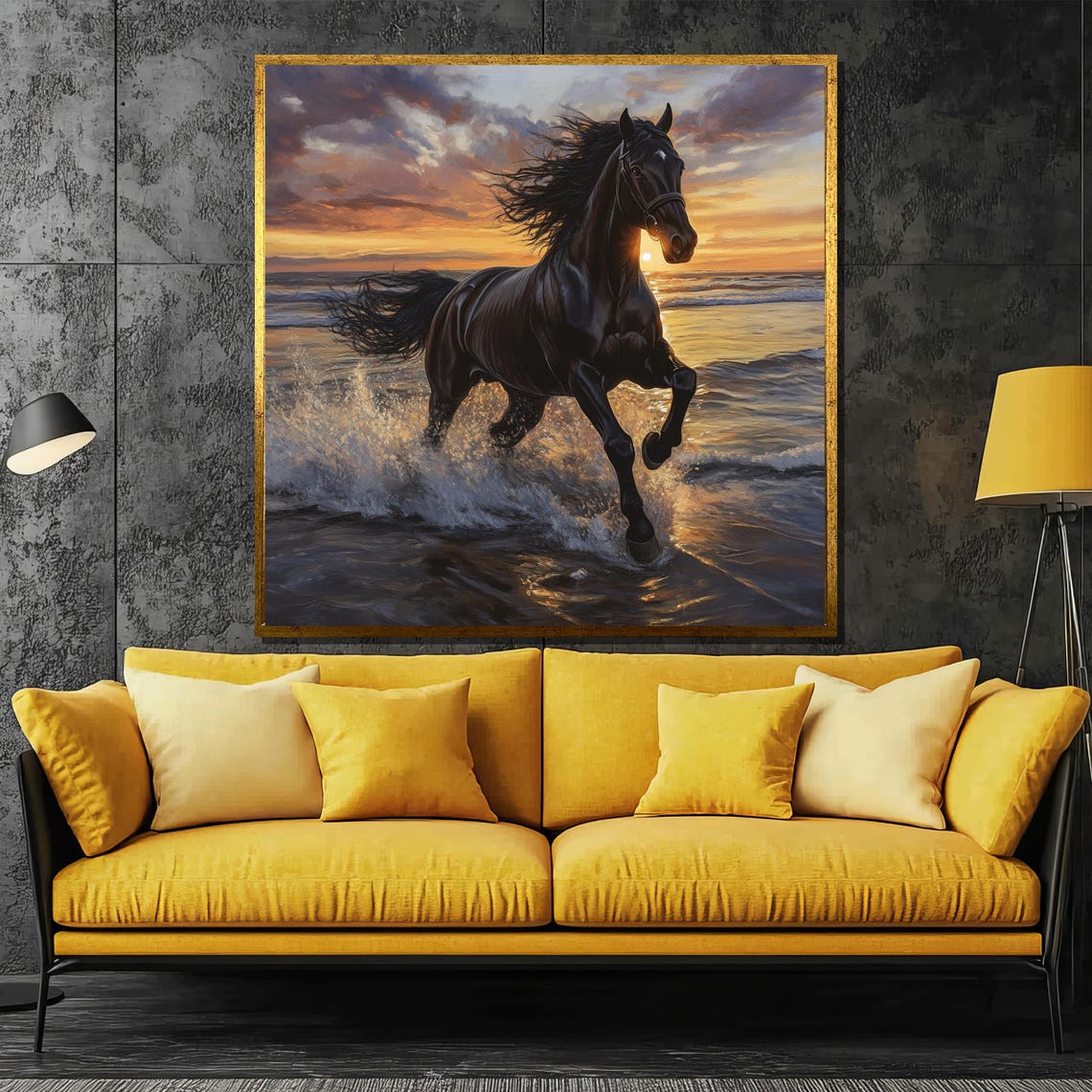 Black Horse Galloping Through Ocean Waves at Golden Sunset Poster