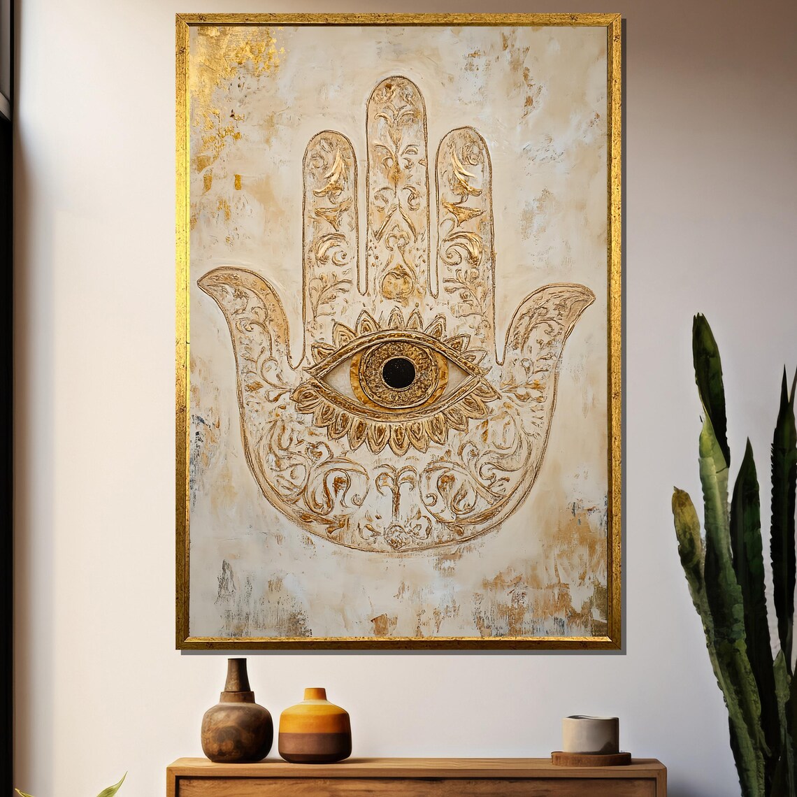 Golden Hamsa Hand With Evil Eye Spiritual Protection Art Poster