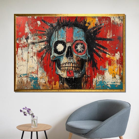 Basquiat Skull Painting Abstract Graffiti Art Punk Rock Wall Decor Edgy Urban Artwork Bold Statement Gift