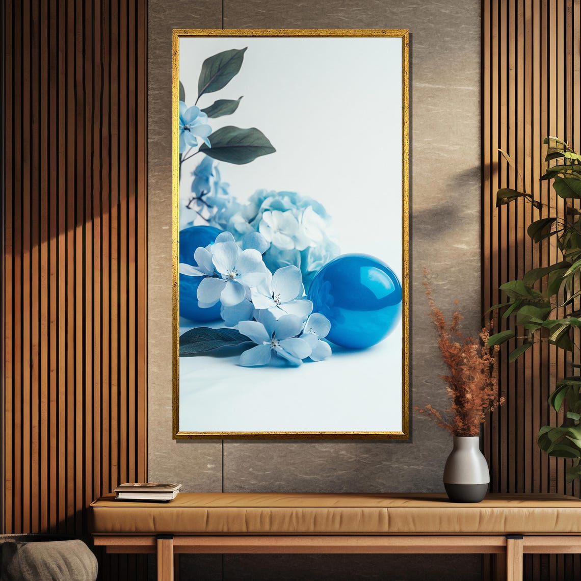 Blue Hydrangea Blossoms with Glass Spheres Minimal Floral Poster - Image 5