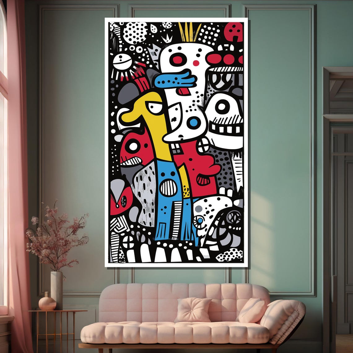 Playful Doodle Characters in Black White Red and Blue Graffiti Poster - Image 2