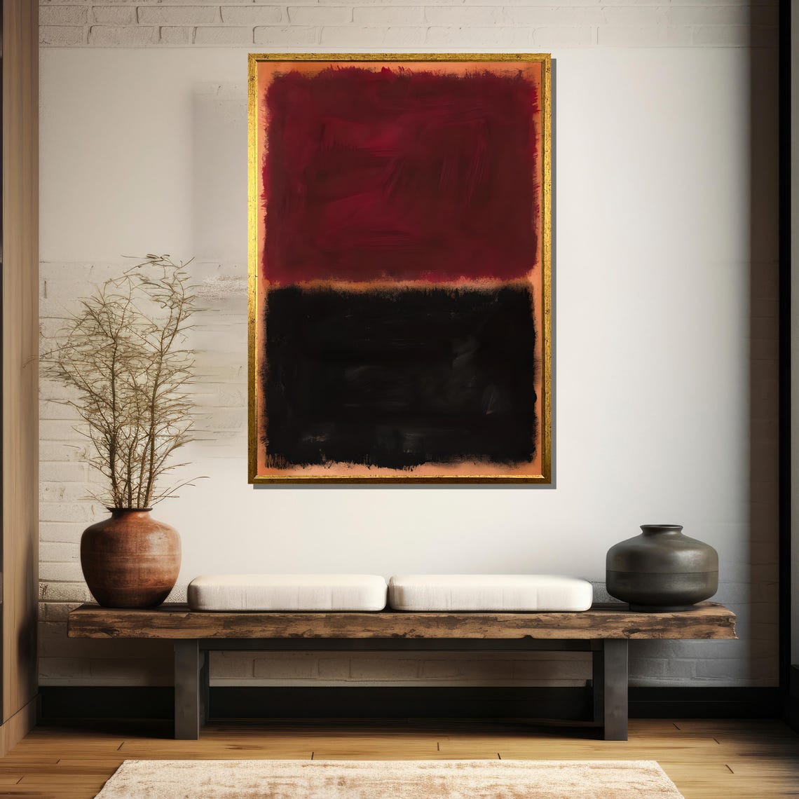 Deep Maroon Over Jet Black Blocks Modern Abstract Art Poster - Image 5