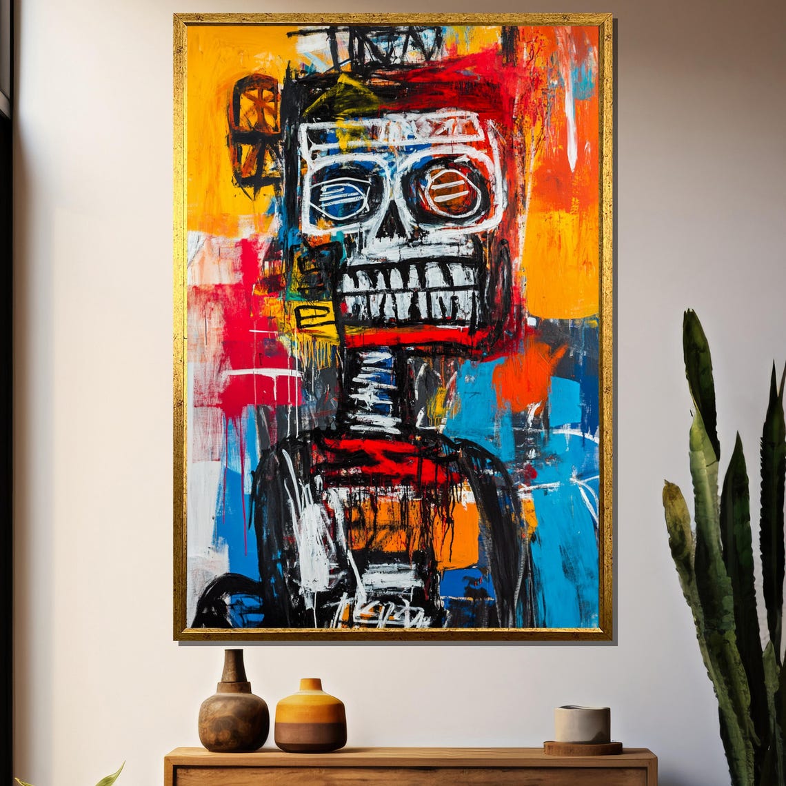 Basquiat-Inspired Robot Skull Face Bold Urban Graffiti Art Poster