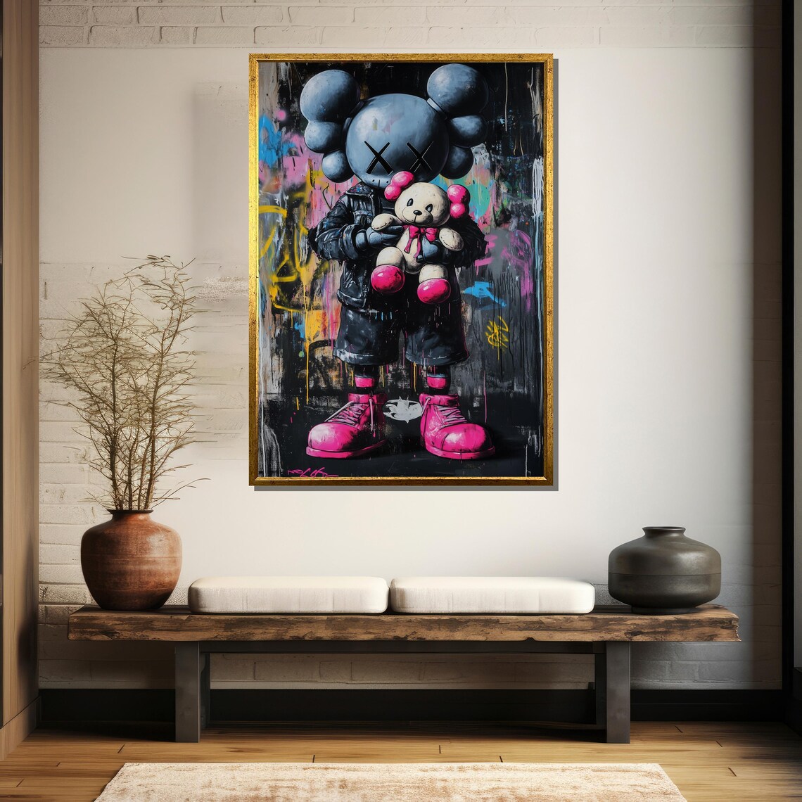 KAWS-Inspired X-Eyed Toy Figure Holding Teddy Bear Street Poster - Image 5