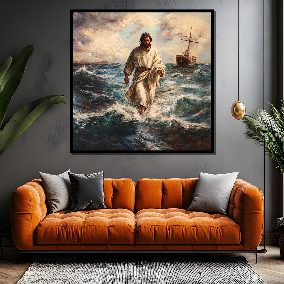 Jesus Walking on the Stormy Sea Beside a Small Wooden Boat Poster - Image 4