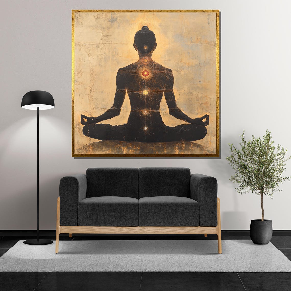 Chakra Meditation Silhouette in Lotus Pose Golden Aura Poster - Image 5