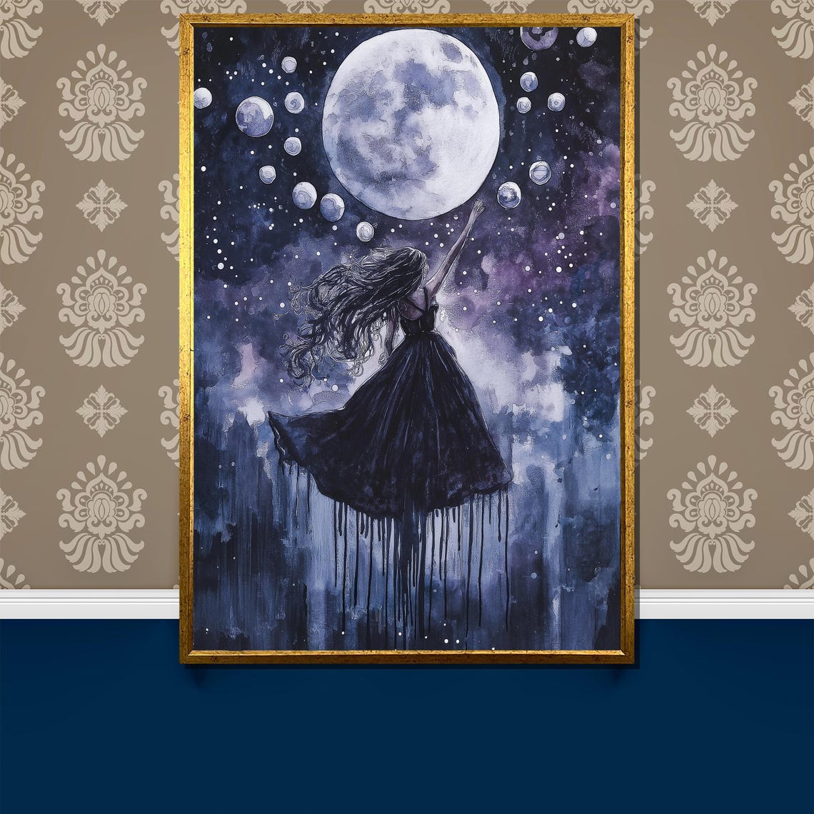 Moon Goddess Reaching for Full Moon Celestial Night Sky Poster
