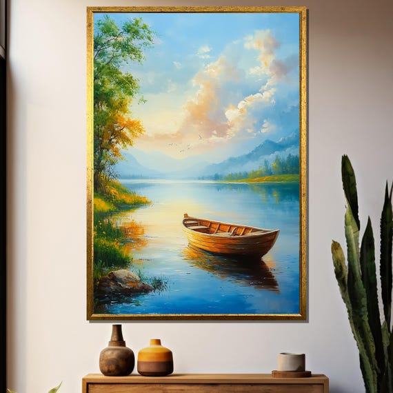 Serenity On Water Tranquil Landscape Painting Gift With Boat At Sunset