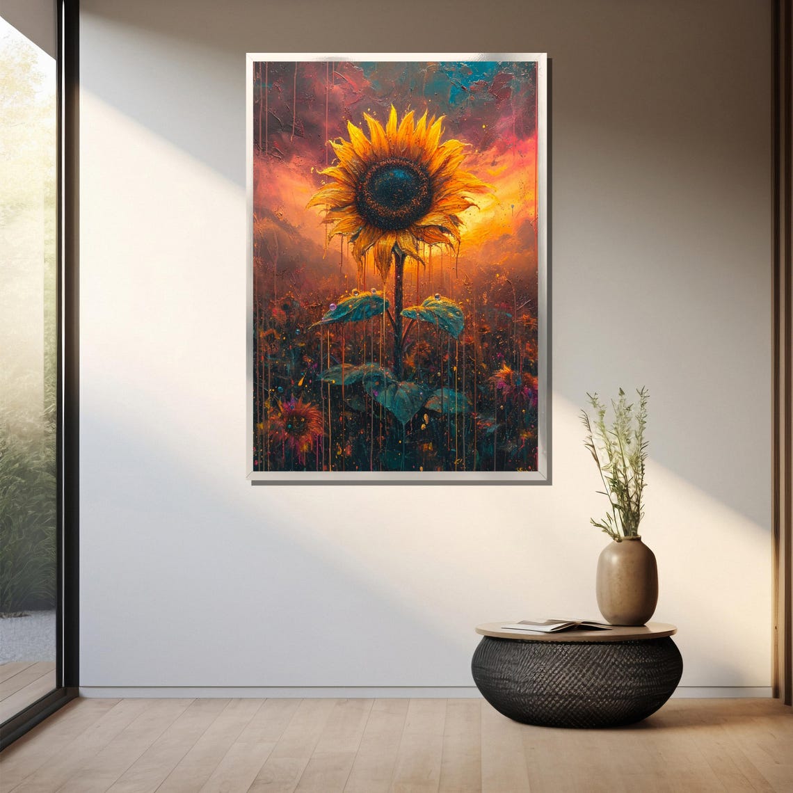 Tall Sunflower In Psychedelic Sunset Field Surreal Floral Wall Art - Image 3