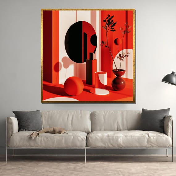 Minimalist Geometric Painting Modern Abstract Red And Black Art Contemporary Wall Decor Bold Home Interior Unique Gift
