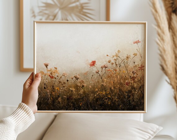 Wildflower Field Landscape Art Print Oil Painting Vintage Print Academia Moody Cottagecore Farmhouse Decor Spring Art