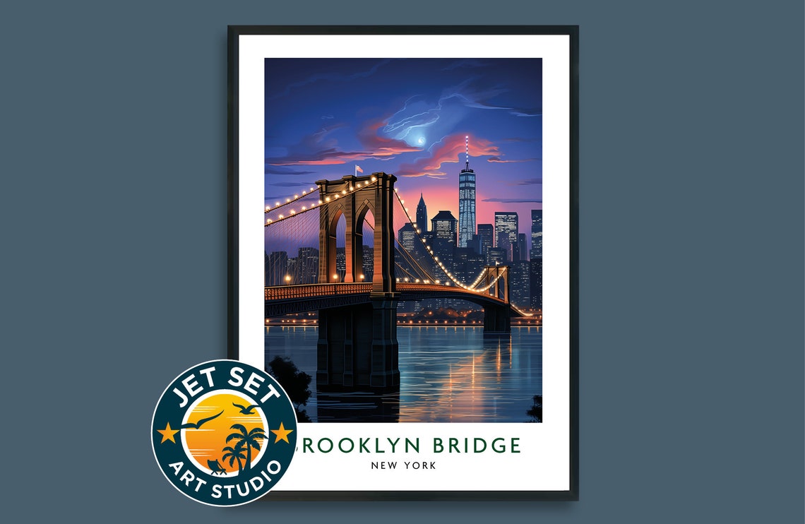 Brooklyn Bridge At Night New York Usa Travel Print Poster Wall Art Framed Unframed Canvas Gift
