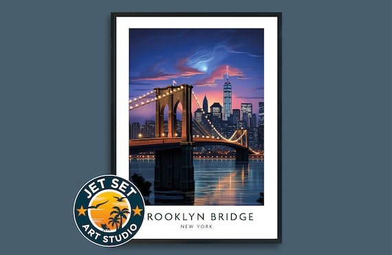 Brooklyn Bridge at Night New York Skyline Moonlit Travel Poster